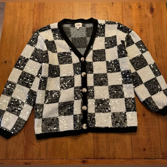 BiBi Black and White Checkered Sequin Cardigan - Picture 1 of 10